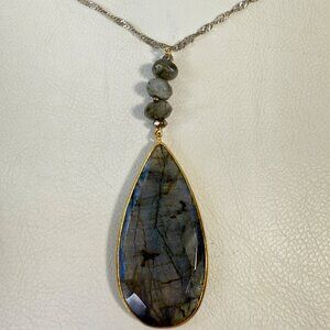Nakamol Labradorite Drop Pendant Necklace Long Length Minimal Gold Tone